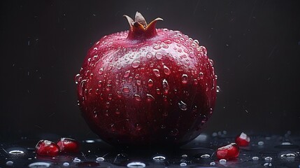   A close-up of a pomegranate on a table with droplets of water and a dark background