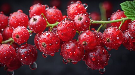   A close-up of red berries with water droplets and a green leaf on the branch