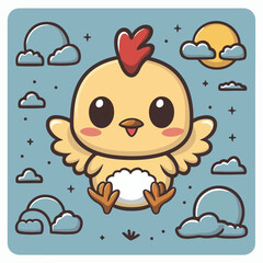 cute chicken cartoon on the blue sky background
