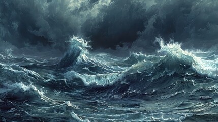 Waves in a stormy sea, showcasing the power and energy, dark ominous clouds above, realistic depiction of turbulent water, high waves, and strong realistic