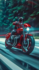 Fototapeta premium Speeding Motorcycle on a Forest Road. Generative ai