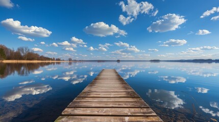 A wooden dock juts out into a calm lake, with fluffy clouds reflected in the rippling water below