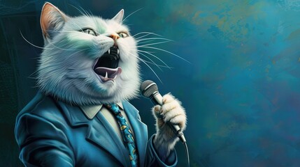 white cat in a blue suit shouting at microphone with blue background realistic