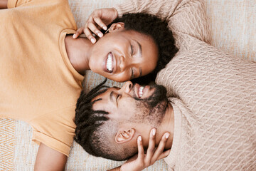 Black couple, happy and floor for love in house, hand and woman together with man, smile and...