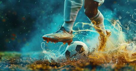 Dynamic Soccer Kick with Artistic Effects. Close-up of a soccer player’s foot kicking a soccer ball, enhanced with vibrant artistic effects and motion blur.