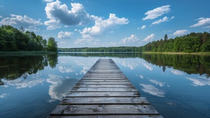 Naklejka premium A wooden pier juts out into a calm lake under a cloudy sky, providing a pathway to the waters edge