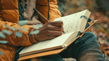 Fototapeta premium Describe a person journaling their thoughts and feelings, using writing as a tool for mental health reflection and growth, Close up