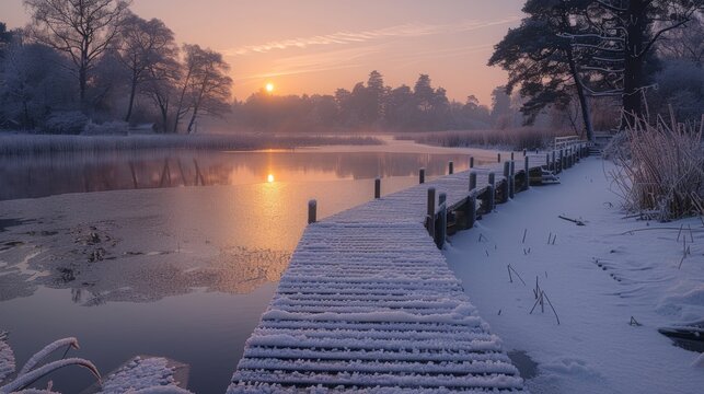 A frosty boardwalk glistens over Pudmore Pond in the early morning winter sun at Thursley Nature Reserve in Surrey, 