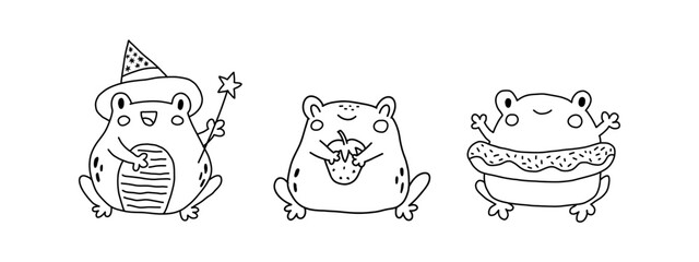Cute cartoon frogs. Kawaii froggie pack. Baby animals bundle for childish stickers. Cartoon summer characters for kids prints. Black outline illustration on a white background. Coloring book page