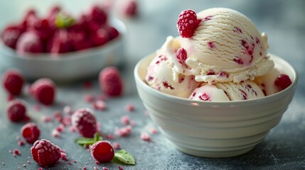 Raspberry Ice Cream in White Bowl. Generative ai