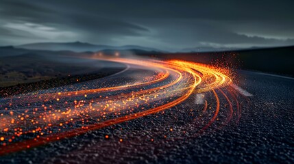 Sparks and Light Trails on a Wet Road. Generative ai