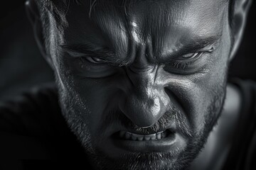 Obraz premium Close-up portrait of a man with a strong, angry facial expression in monochrome