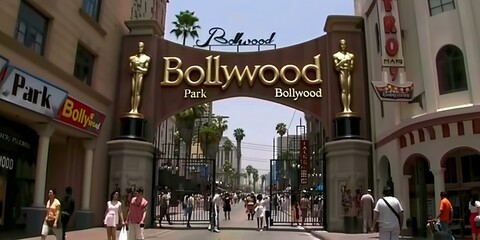Bollywood Theme Park Entrance: An Iconic Gateway to Entertainment and Indian Cinema Culture, Featuring Statues and Architectural Landmarks that Celebrate Bollywood's Vibrant Spirit, Generative AI
