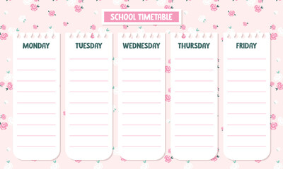 Cute kawaii printable school timetable calendar with pink floral background 