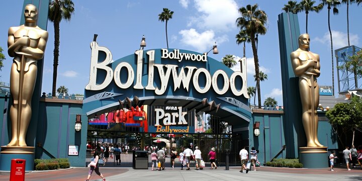 Bollywood Theme Park Entrance: An Iconic Gateway to Entertainment and Indian Cinema Culture, Featuring Statues and Architectural Landmarks that Celebrate Bollywood's Vibrant Spirit, Generative AI