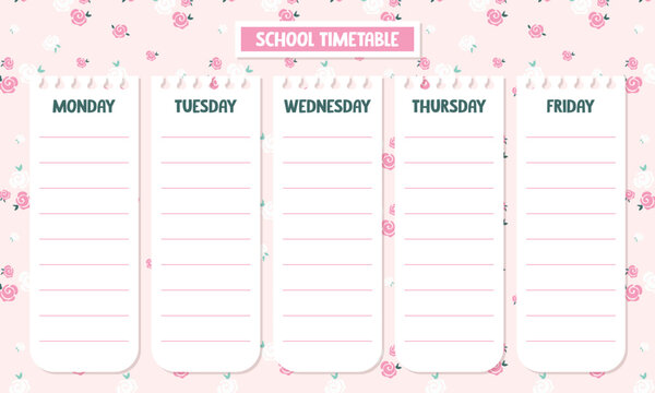 Cute kawaii printable school timetable calendar with pink floral background 