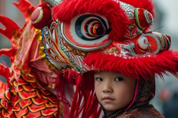Close-up of a pensive child next to a vibrant red chinese dragon during a cultural celebration
