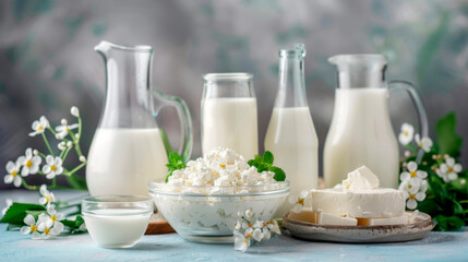 A variety of dairy products are displayed on the table, including white liquid ingredients for recipes and drinks