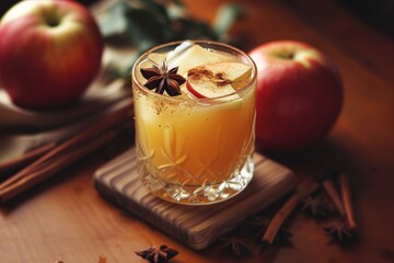 Cozy autumnal apple cider with spices and apple slices on a rustic wooden table