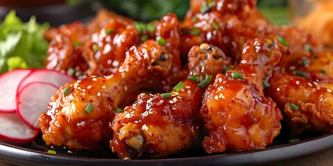 Closeup of Korean fried chicken with spicy or sweet sauce and pickled radishes. Concept Korean Cuisine, Fried Chicken, Spicy or Sweet Sauce, Pickled Radishes, Close-up Photography