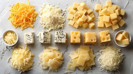 Neatly Organized Assortment of Cheese Cubes Slices and Shreds for a Delightful Culinary Experience