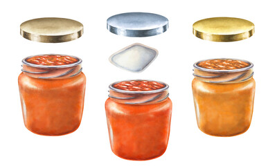 Apricot orange jam in an open glass jar is hand drawn with gold and silver metal lids. Watercolor illustration for templates of sweet harvest, summer fruits, juices, canned food, marmalade and sweets