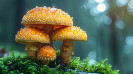 A family of porcini mushrooms resembling a friendly family. Still life with beautiful porcini mushrooms on moss in the forest, macro.