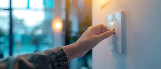 A closeup of a hand turning off a light switch on a white wall
