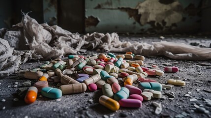 Obraz premium A gritty image showcasing a variety of scattered medications on a dilapidated floor, conveying a message of despair and carelessness.