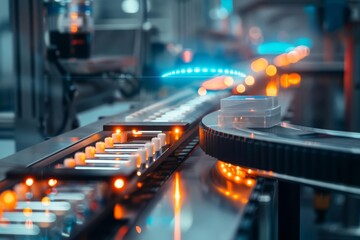 A closeup of an automated conveyor belt transporting pharmaceuticals