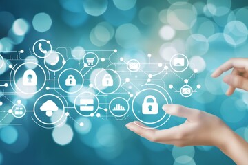 Hand pointing at a digital lock interface, representing robust data security and cloud protection in a high-tech blue and white digital environment.