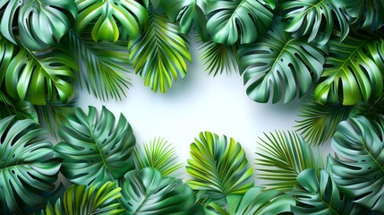 Tropical Green Leaves Background. Lush tropical green leaves forming a natural frame, creating a vibrant and fresh botanical background.
