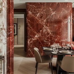 An elegant dining room showcasing an accent wall of polished Rosso Levanto marble, its rich red hues offering a dramatic backdrop for evening gatherings.