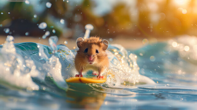 Summer vacation for pets. Adorable hamster surving on tropical beach waves.&nbsp;