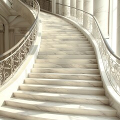 An elegant white marble staircase with wrought iron railings, spiraling upwards in a luxurious...