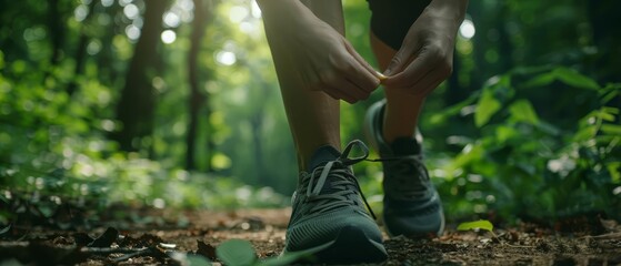 Obraz premium Closeup of a runner tying her sport shoes on a forest path