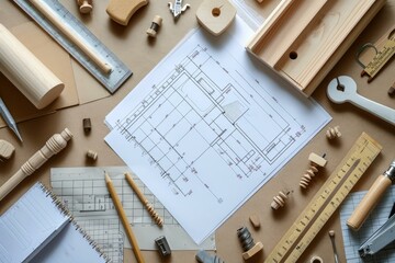 Overhead view of detailed construction blueprint surrounded by woodworking tools on a desk