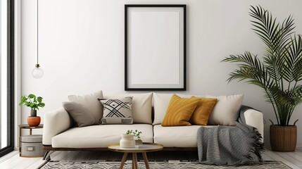 Modern scandinavian living room interior with black mock up poster frame. Generative Ai