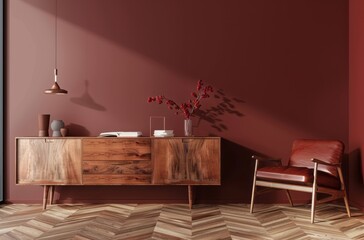 Elegant burgundy wall paint in a modern interior with a wooden sideboard and armchair