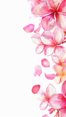 Watercolor invitation design with pink frangipani flowers. Ready to use card, template for wedding invitation, greeting, birthday etc. Blank space for text.	