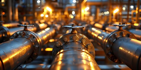 Valves in an oil and gas processing plants pipeline system. Concept Valves, Oil and Gas, Processing Plants, Pipeline System