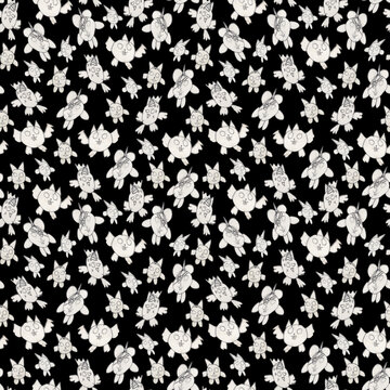 Halloween Seamless pattern from hand drawn of fairy tale Dragons, bats and monsters isolated on a black background. Felt-tip pen doodle drawing 