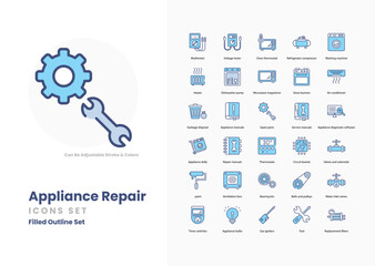 Appliance Repair icons collection. Set contains such Icons as Wrench, Screwdriver, Gear, Tool, Hammer, Spanner, Pliers, Repairman, Technician, Service, and more