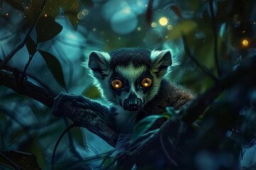High in the treetops, the lemurs curious eyes reflected the starlight, a whimsical guardian of the forests mysteries