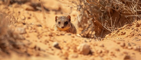Obraz premium In the arid desert, the mongoose emerged from its burrow, a quick and clever creature navigating the harsh landscape
