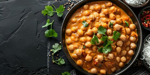 Indian dish made with chickpeas in a spicy masala sauce. Concept Chana Masala, Indian Cuisine, Spicy Vegetarian Dish, Chickpeas in Masala Gravy