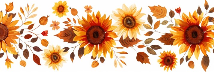 Hand drawn sunflower border with golden and orange colors white background Generative AI