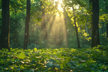 Obraz premium A sun-dappled glade hidden deep within a forest, where the whispering trees inspire quiet contemplation and artistic expression. Concept of woodland creativity. Generative Ai.