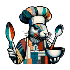 Rabbit Chef in Collage Style with Hat, Apron, Spoon, Mixing Bowl Isolated on Transparent Background