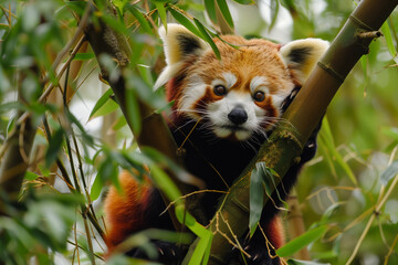 Endearing Red Panda with Black Tail: 3-Year-Old with Rust-Colored Fur Perched on Tree Branch